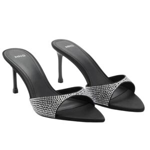 NEW! MANGO MNG Black Rhinestone Slide On Mules Open Toe Heels 6.5.